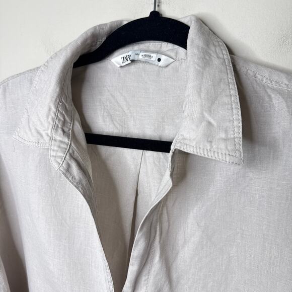 Zara Women's Linen 3/4 Sleeve Tan Button Front Top Collared V-Neck Size Large - Picture 2 of 6